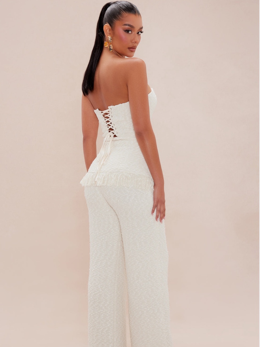 Miranda Tweed Wide Leg Pant Set - Cream